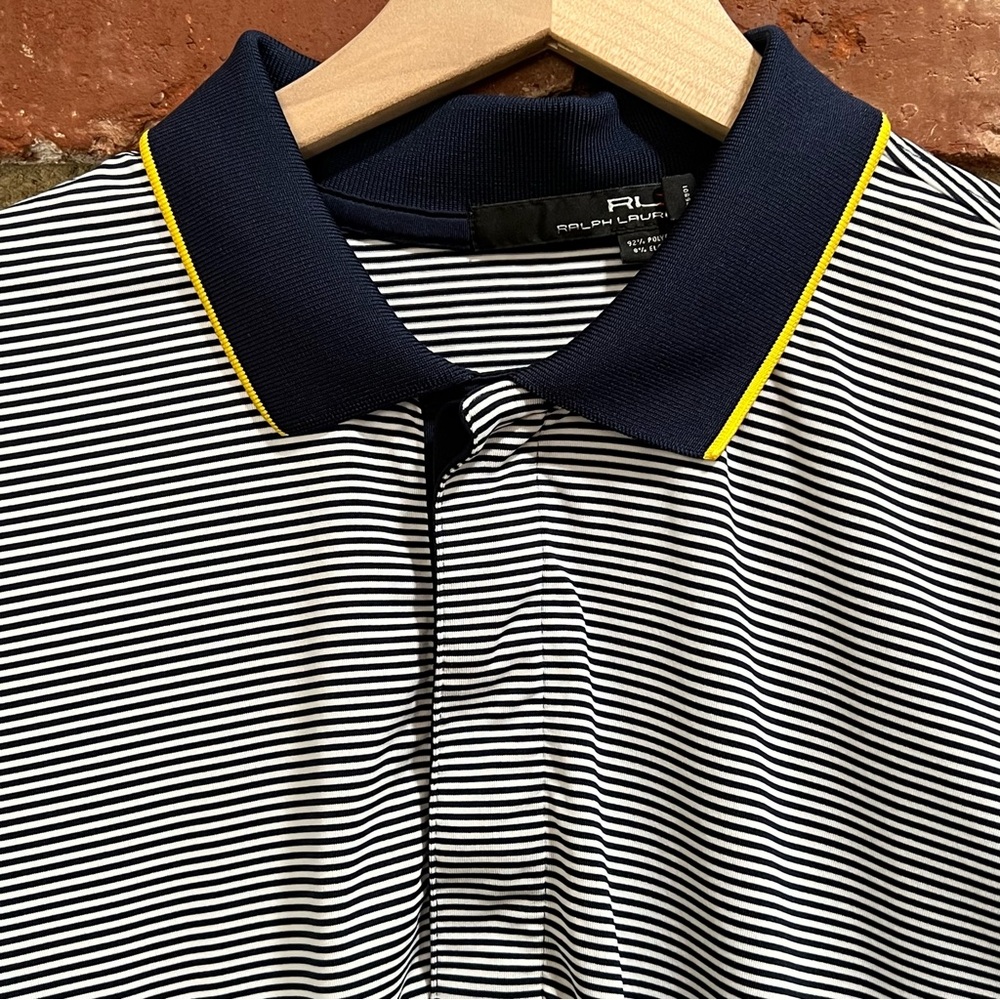 RLX Ralph Lauren men's navy striped polo with navy/yellow collar medium golf - Picture 5 of 12